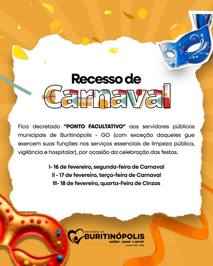 Atenção, Buritinópolis! Recesso de Carnaval